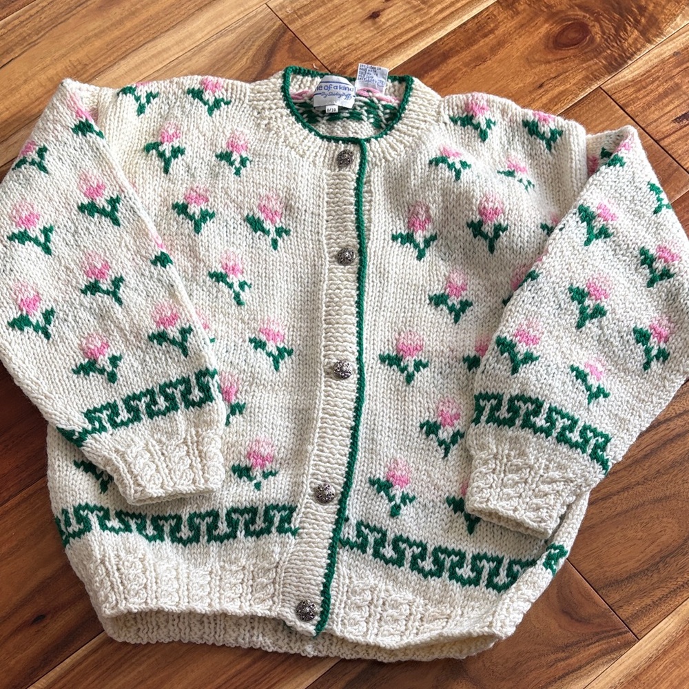 Floral Knit Kid’s Sweater - Cream Green and Pink